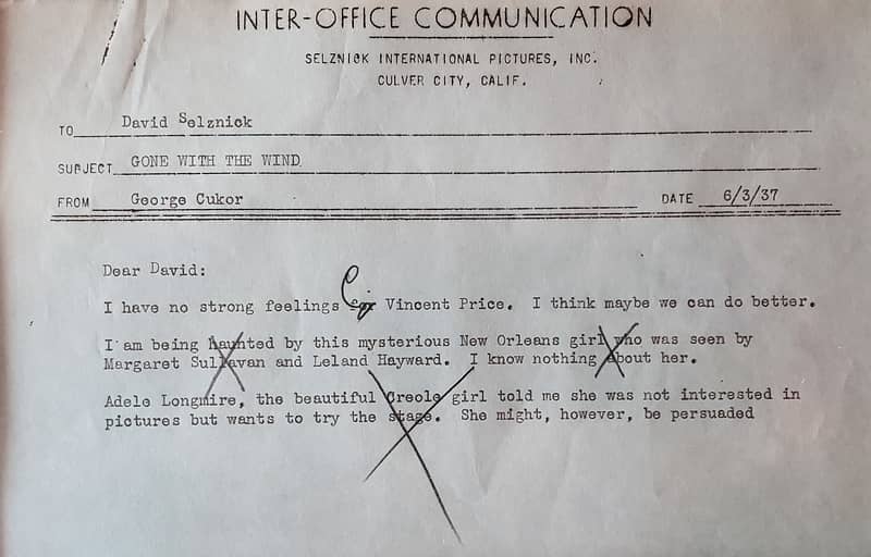 Vincent Price was passed over for the role of Rhett Butler, confirmed by this Selznick interoffice memo.