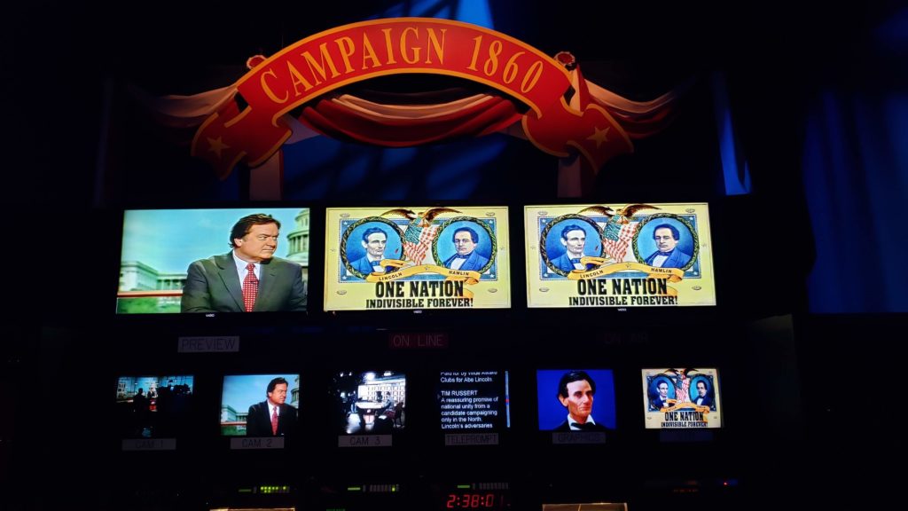 The 1860 campaign gets modern-day campaign and press coverage in an exhibit featuring the late Tim Russert, host of Meet the Press.