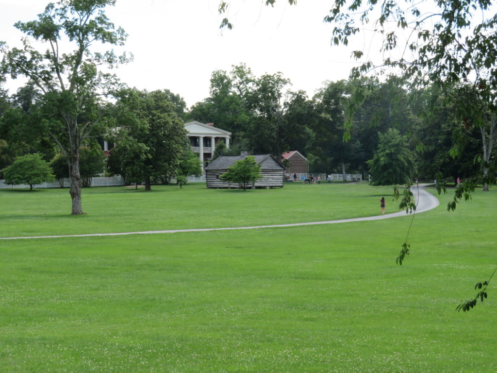 The rear view of Andrew Jackson's Hermitage plantation home, with a slave home in the foreground.