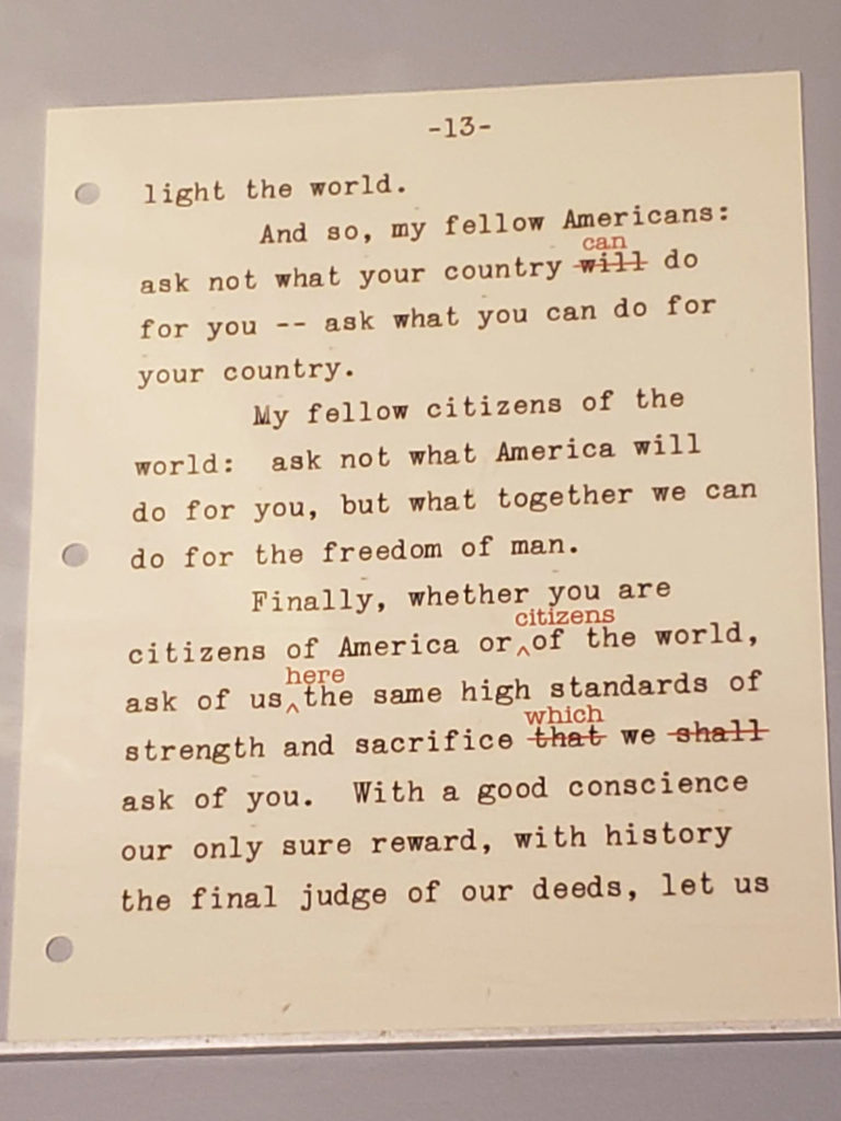 Script of John Kennedy inaugural address with edits to the famous "ask not" phrase