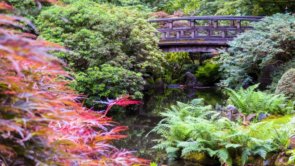 Bridge over reflecting pond at Portland Japanese Garden